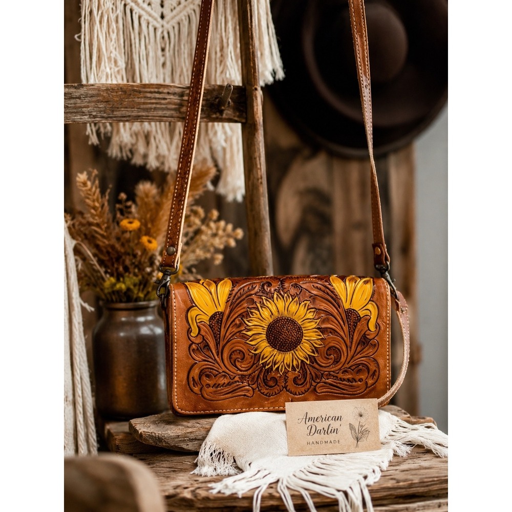 American Darling Organizer Bag Womens‎ OS Tan Excellent Hand Tooled Sunflower